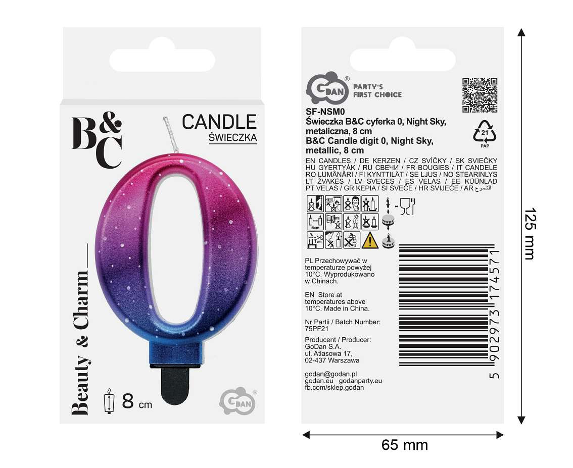 Candle digit 0, Night Sky, metallic, 8 cm
